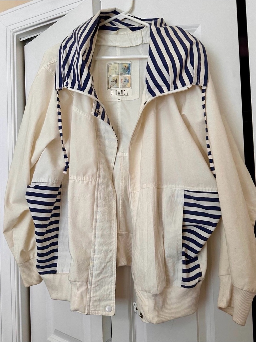 Vintage Retro Gitano Jacket with Navy Striped Hood and Pocket Trim Oversized